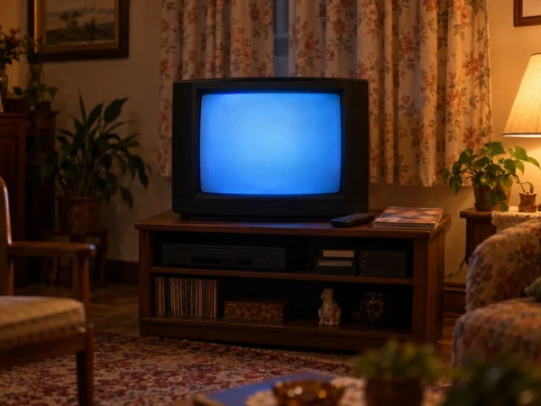 Televisão de tubo ligada numa sala de estar à meia-luz